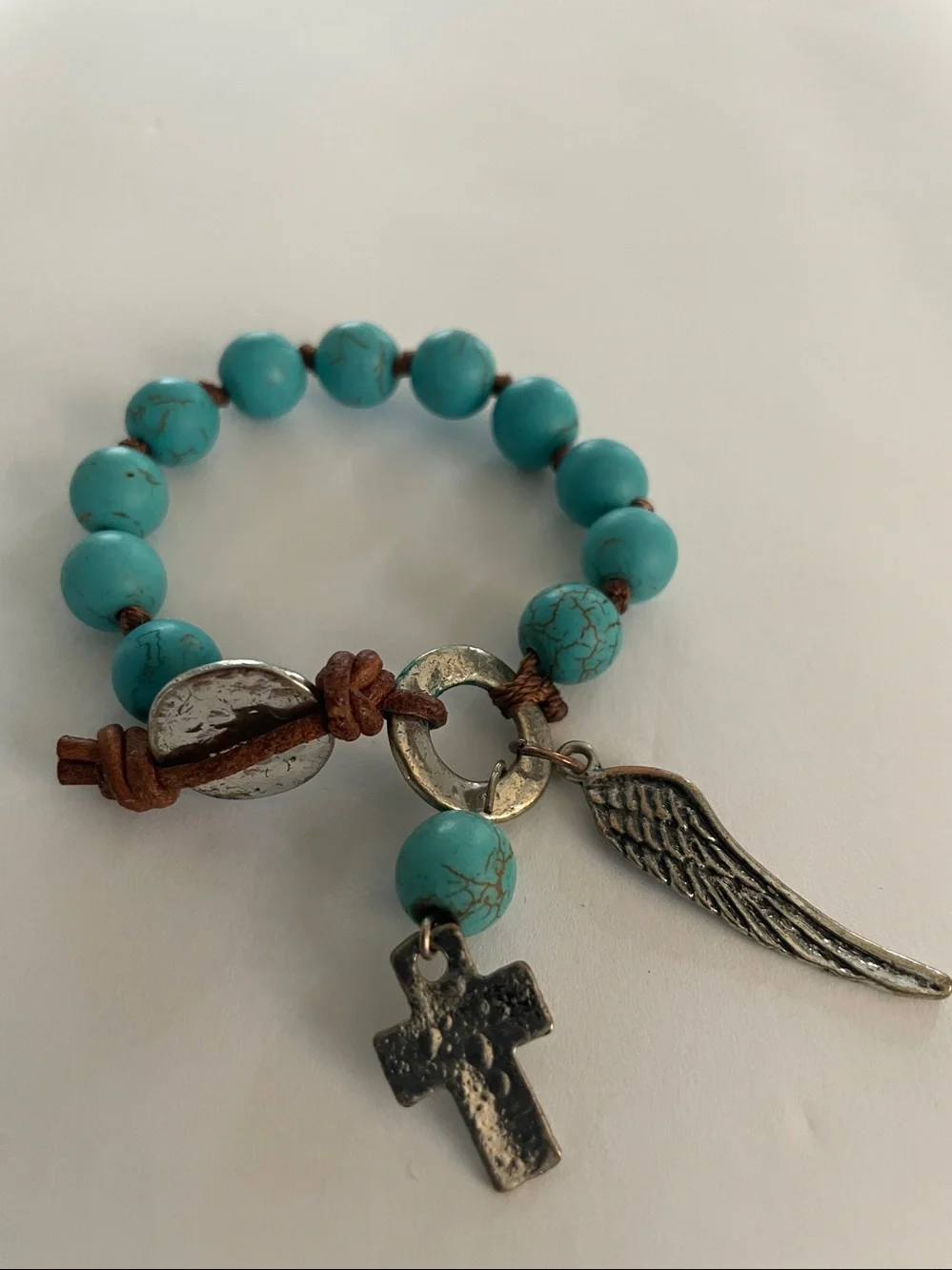 Turquoise Beaded Bracelet-Angel Wing/Cross Silver/Leather X/S